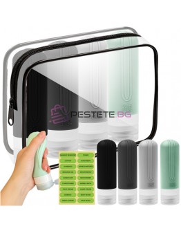 Козметична чанта за пътуване с шишета и стикери